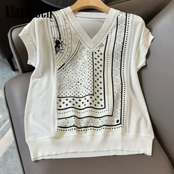 2.27 KlasonBell Women Clothes Star Geometric Silk Print Spliced Hollow Out Knitted V-Neck Fashion Comfortable T-Shirt