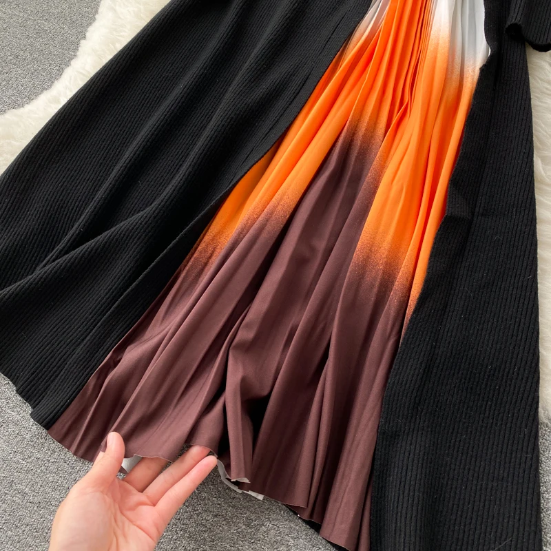 Banulin Autumn Winter Retro Print Pleated Dress Women Elegant Knitted  Gradient Patchwork Long Sleeve OL Midi Dress with Belt - AliExpress  200000345