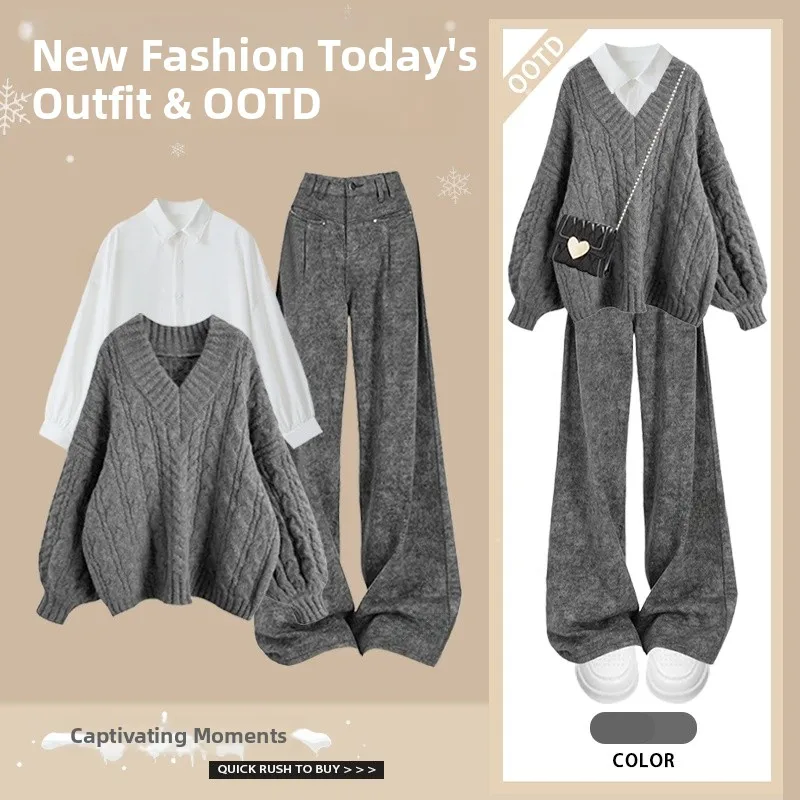 

Spring Set Women's Loose Casual Versatile Sweater Shirt Slim Wide Leg Pants plus Size Fashionable Two-Piece Ensemble