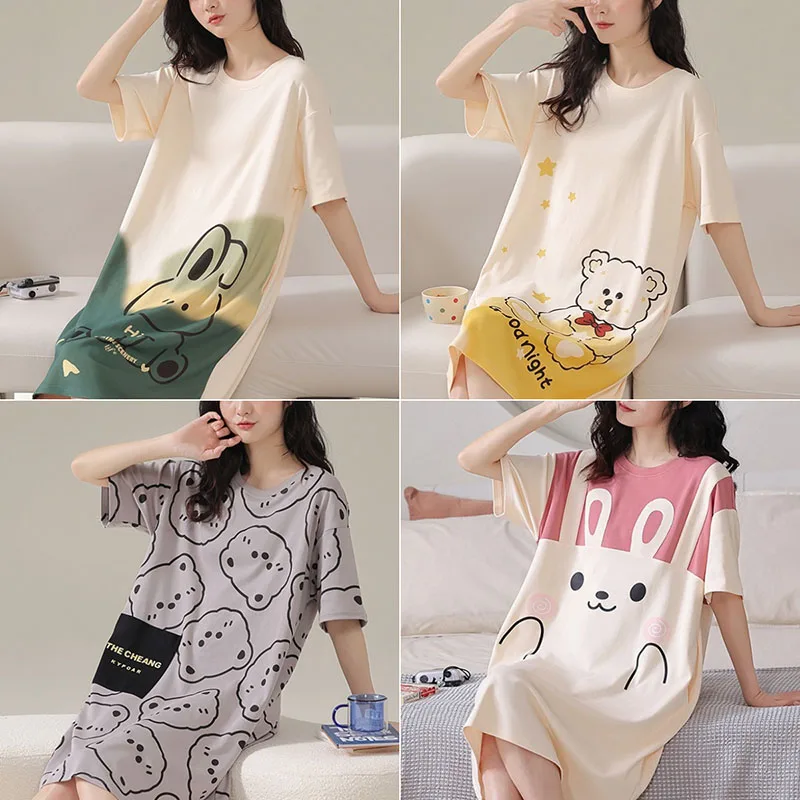 Women Pajamas Cute Short-Sleeved Nightgown Cartoon Large Size Thin Section of the Mid-Length Skirt Homewear Can Be Worn Outside