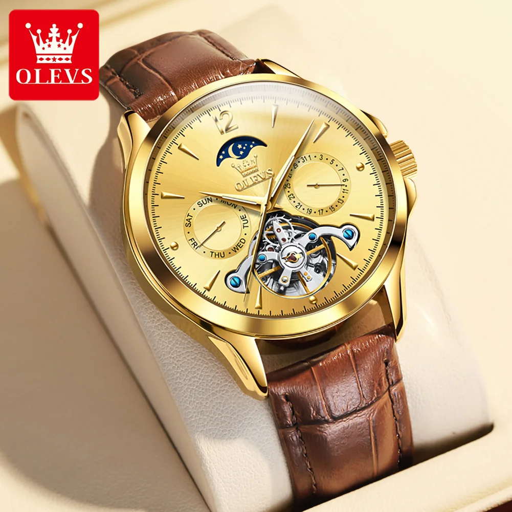 

OLEVS Brand Luxury Tourbillon Mechanical Watch for Men Leather Strap Waterproof Luminous Business Mens Watches Relogio Masculino