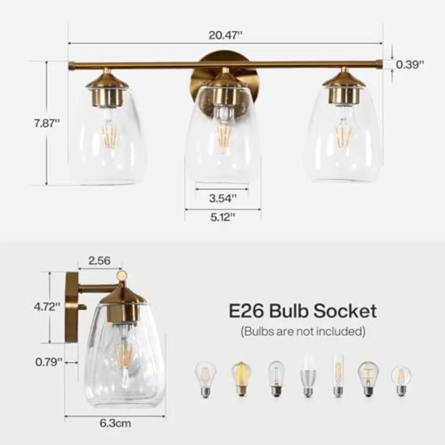 3-Light Gold Bathroom Light Fixtures Modern Wall Lights with Clear Glass Shades Bathroom Vanity Gold Wall Sconce Lamp for Mirro