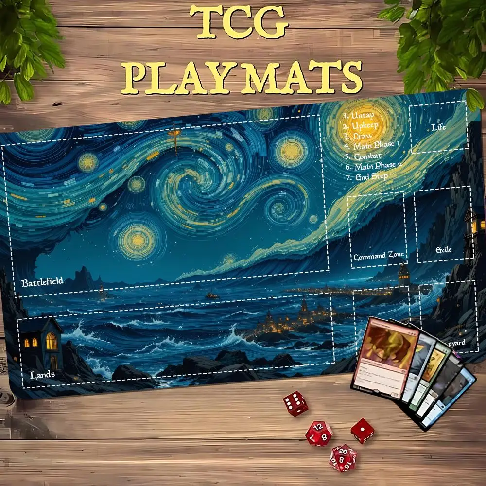 Playmat TCG Playmat Starry Night Sea Scenery Mouse Mat Anti‑Slip Durable Stitched Edge 35X60CM Desk Mat Card Game Tapete