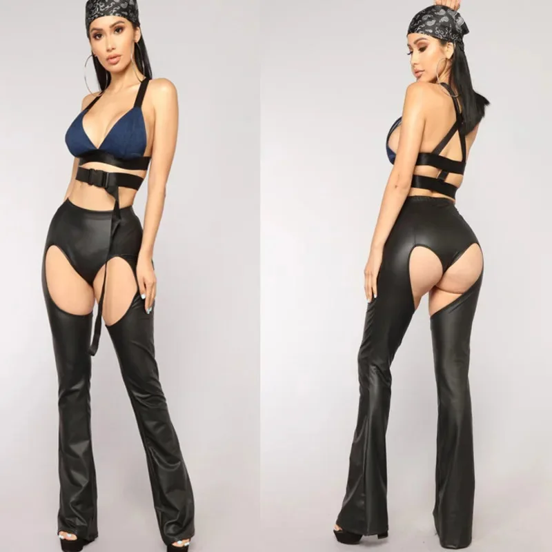 

Imitation Leather Peach Buttocks Sexy Hollow Flared Pants Black Fashionable Slimming T-shaped Hip Lifting Casual Travel Pants