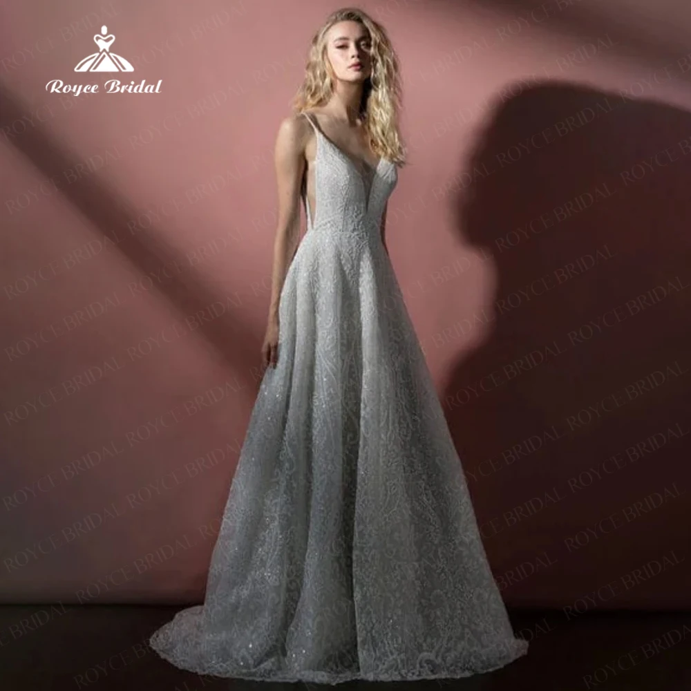 

Roycebridal 2025 New Sparkly Full Lace A Line Wedding Dress V Neck Spaghetti Strap Bridal Gowns Sweep Train Vestidos Customized