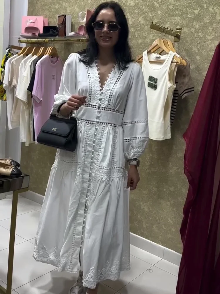 أنيقة قدس خارج فستان طويل المرأة فانوس كم عميق الخامس الرقبة واحدة الصدر فساتين فضفاضة 2025 الصلبة مكتب رداء سيدة