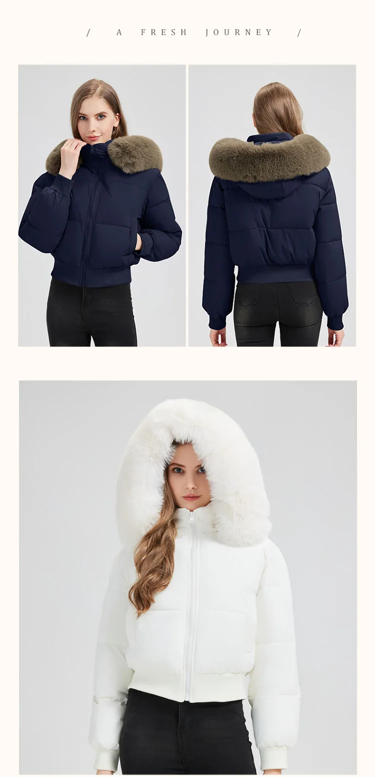 2026 Thicken Short Women's Winter Jacket Korean Style Down Cotton Coat Casual Warm Fur Hooded Cropped Parkas Chic Streetwear