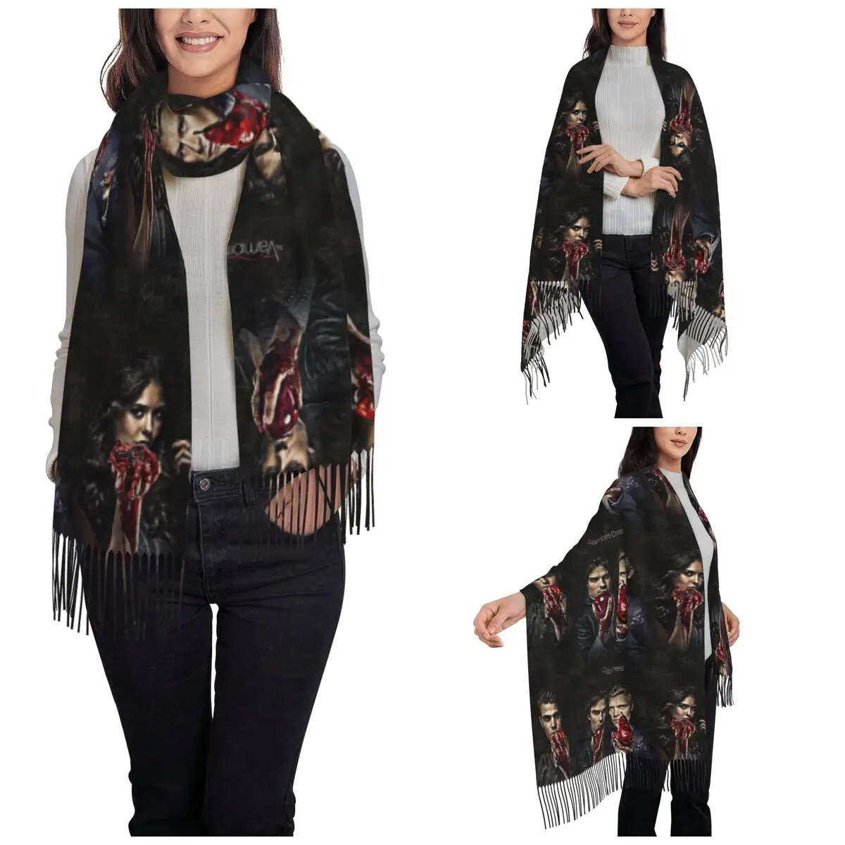 Ian Somerhalder Damon Elena Scarf for Womens Shawls and Wrap The Vampire Diaries Large Scarves with Tassel for Evening Dress