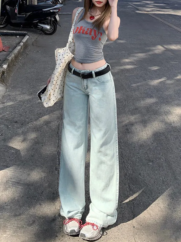 

Low Waist Wide Leg Narrow Version American Style Denim Pants Women Summer New Spicy Loose Drapey Jeans Cotton Polyester Blend