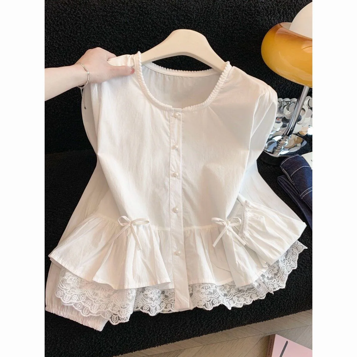Sweet Lace Trim Bubble Sleeve Blouse Women's Spring Casual Style Shirt Floral Print Empire Waist Skirt Small Top Upper Wear