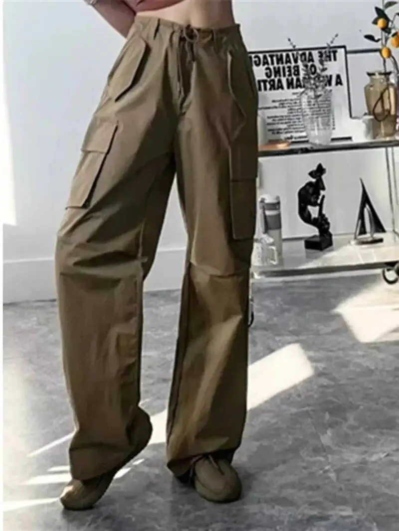 

Широкие брюки в американском стиле с завязками на талии и множеством карманов, женские осенние новые свободные повседневные универсальные брюки-карго PLG7