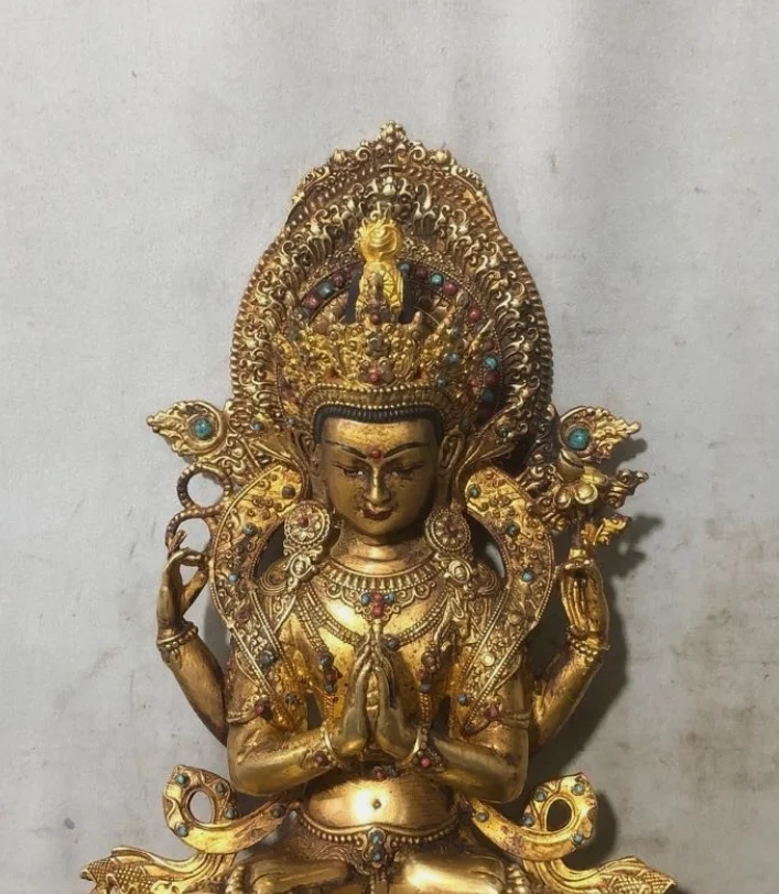 8.8'' Old Tibet Bronze Gilt Gems Tara Kwan-Yin GuanYin goddess buddha statue