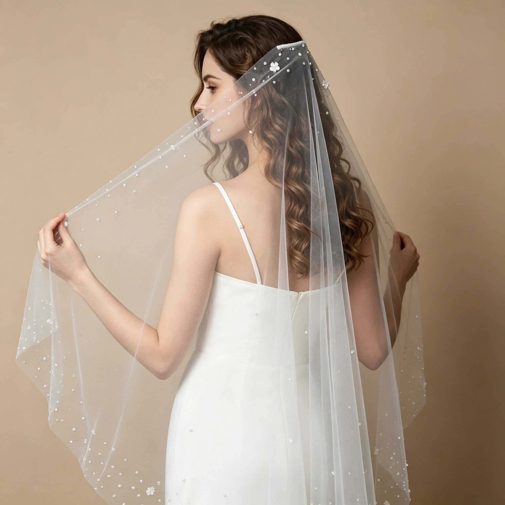 

Sweet Bridal Veil 1-tier Soft Tulle 3D floral&Pearls Edge Romantic Bride Headwear for Party Wedding Stylish Dress Accessory G96