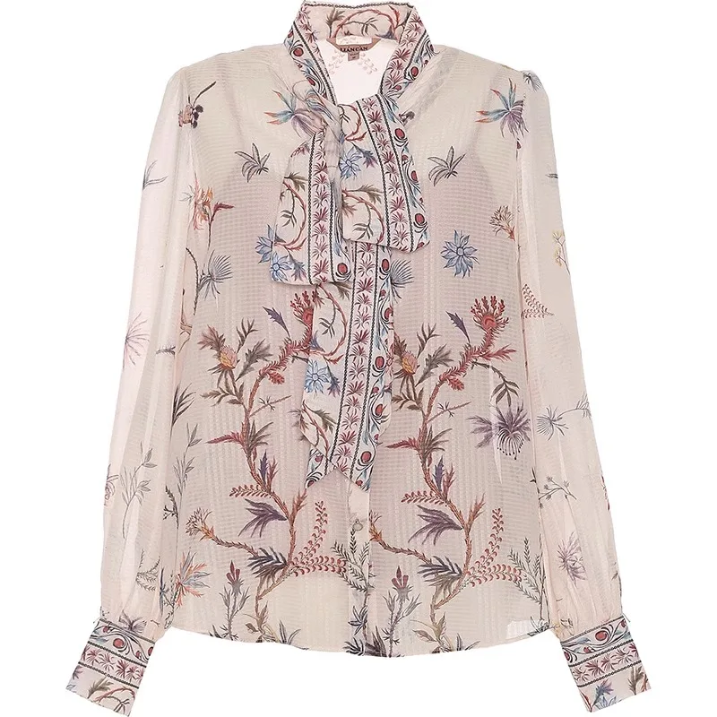 Ele Long Sve Stampato irt Slim Fit con Sa Antietà Primavera australiana New Sle V-Ne Lanterna Sve Poliestere F...