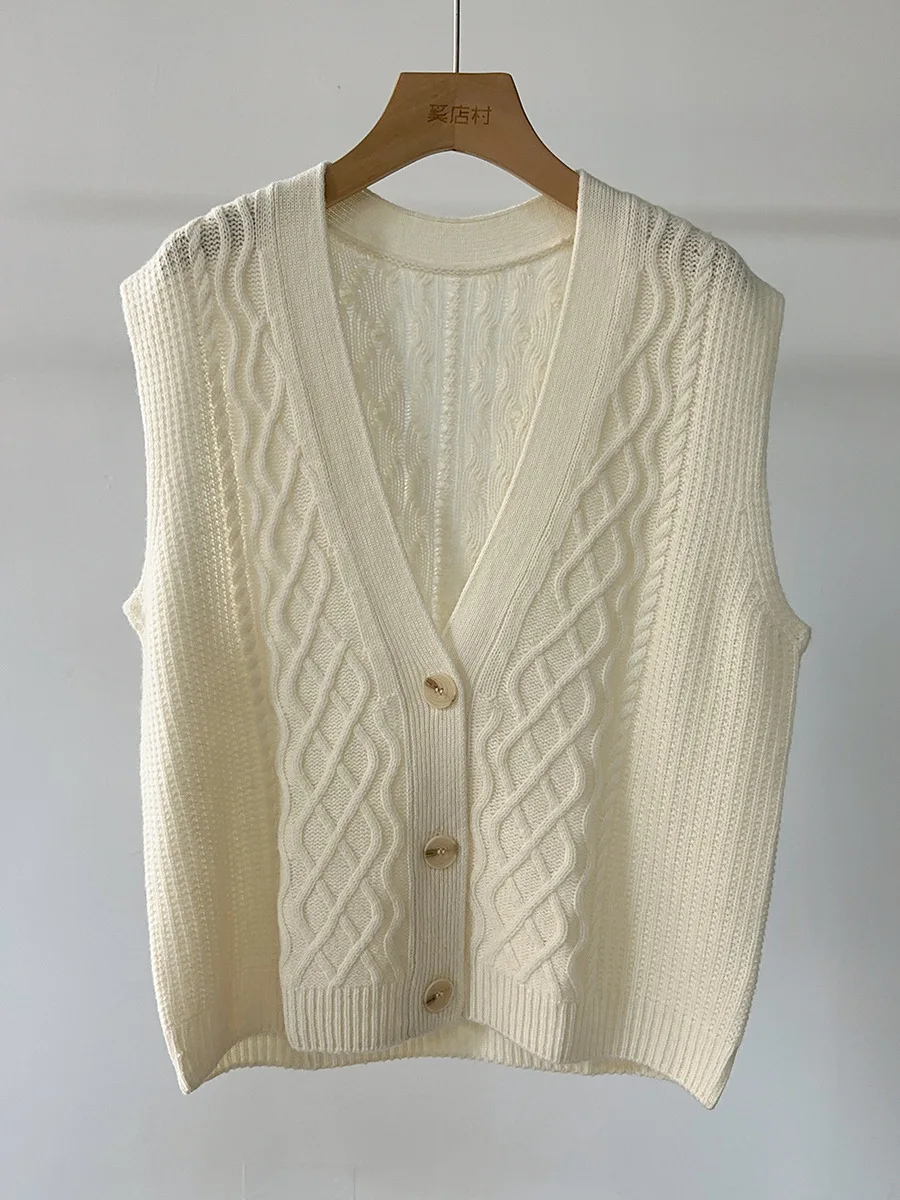 Winsleter-100% Wool Elegant Vest Sweater, V Neck Buttons, Women Fashion Commute Loose Knit Cardigan Vest, 2025 Autumn T59662CC