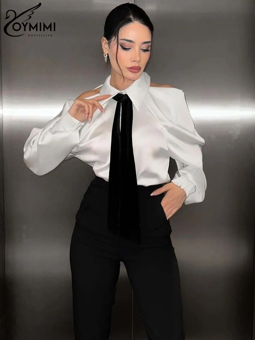 Oymimi elegancka biała patchworkowa koszula damska modne klapy koszule z długim rękawem Casual krawat Off The Shoulder bluzki z guzikami