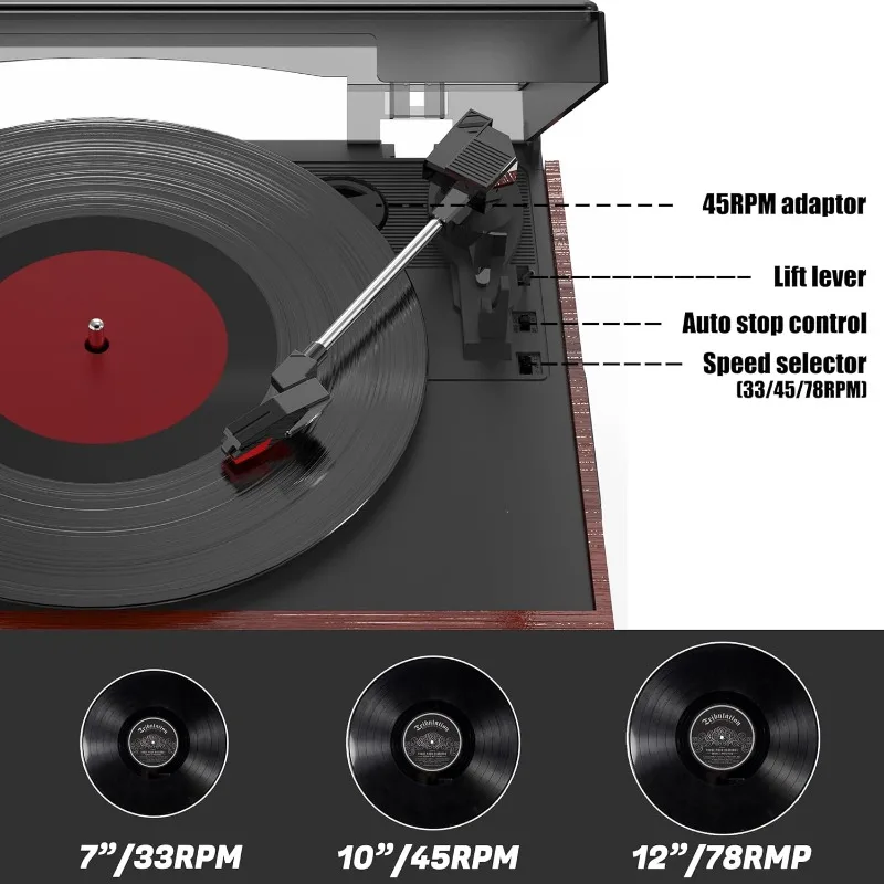 Vinyl Record Player with 15W External Speakers 10 in 1 3 Speed Bluetooth Vintage Turntable CD Cassette Player