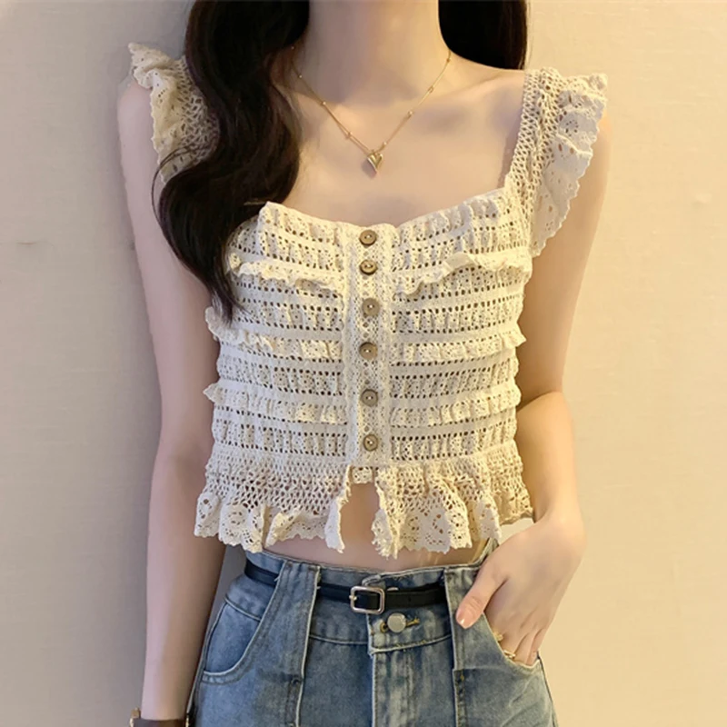 Lace Trim Crochet Top Women\'s Tank and Cami Square Neck Button Front Sheer Openwork Crop Cardigan Vest Summer Y2K 90s Outfit