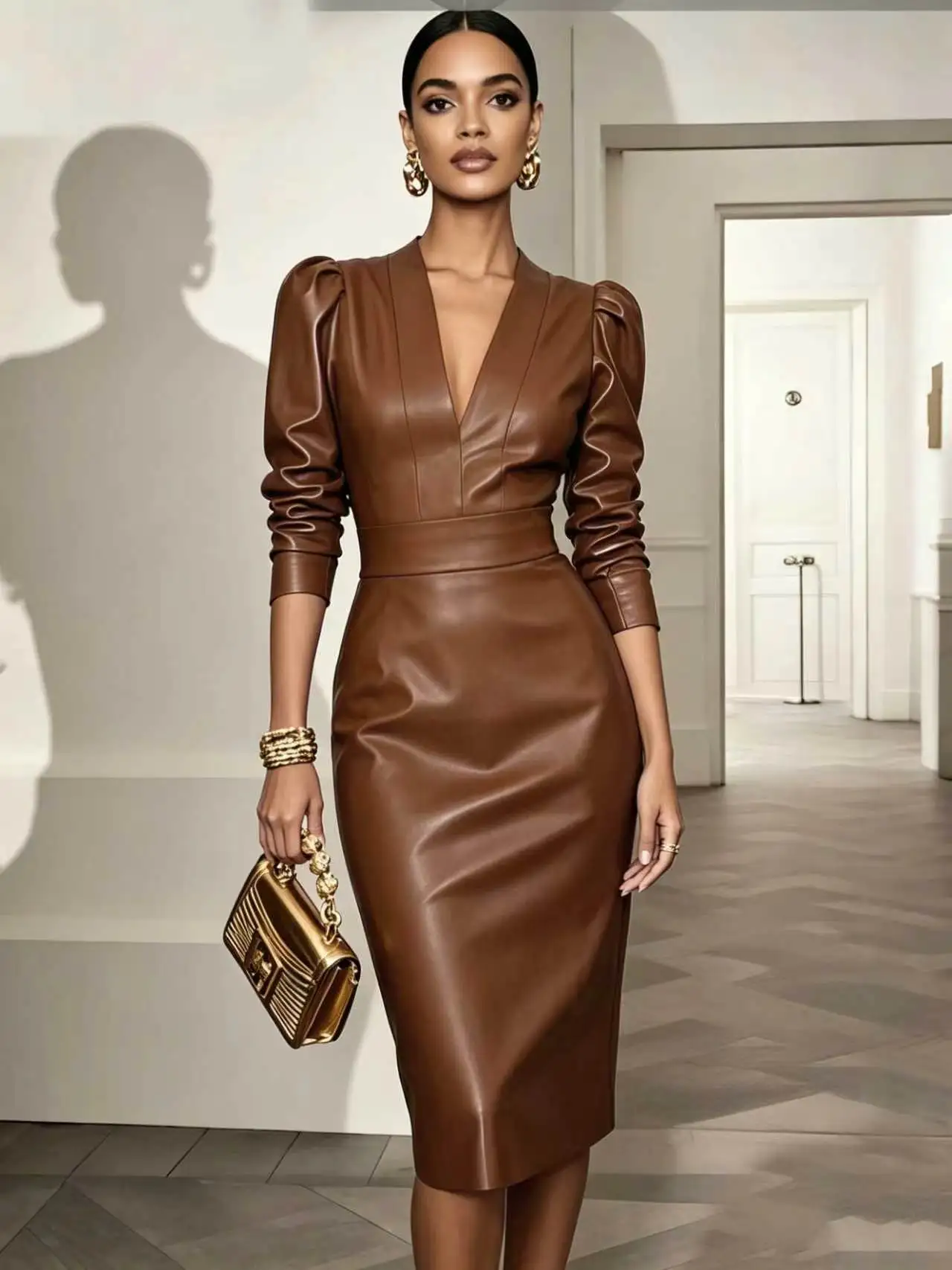 New European American Women Deep V Puff Shoulder Faux Leather Midi Dress Long Sleeve Cinched Waist Bodycon Dress