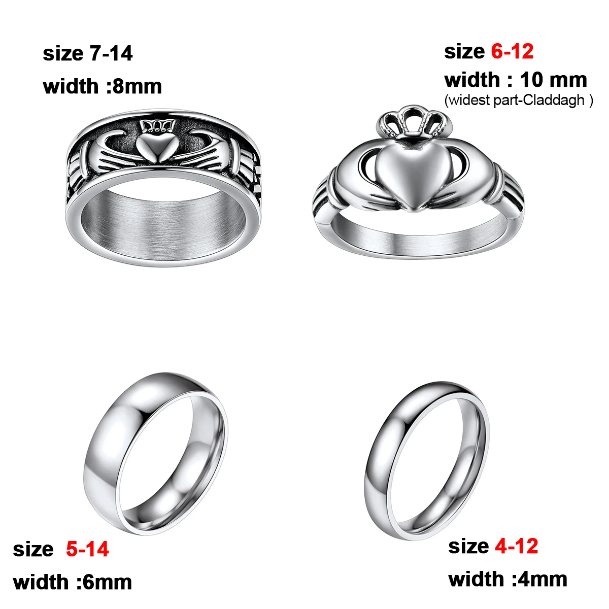 U7 Classic Wedding Rings 4/6mm Flat Band Plain Rings Claddagh Rings Love Loyalty 316L Stainless Steel Irish Couple Jewelry Gift