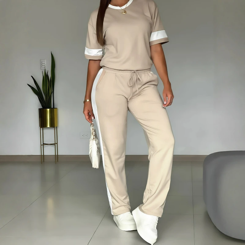 Casual Pant Sets Women Striped Two Piece Set Splice Round Neck Top Short Sleeve Long Pants Drawstring Pockets Sporty Summer 2026