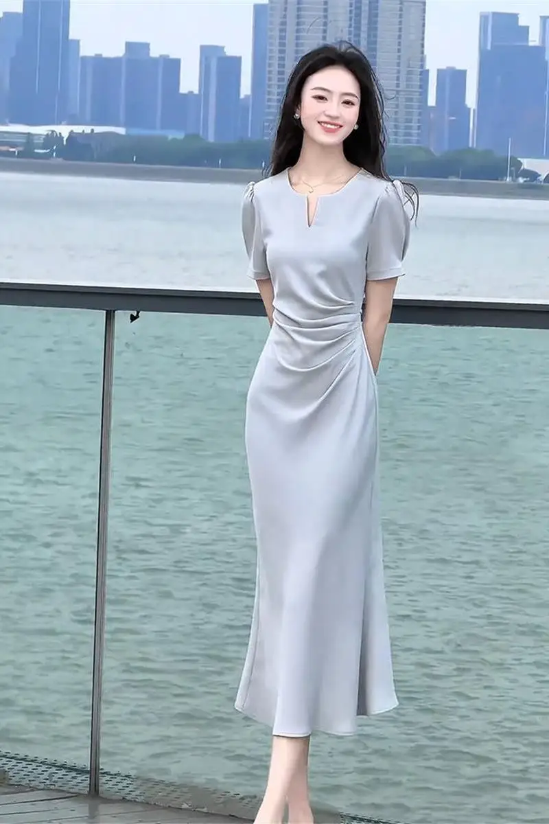

Elegant French Lady Dress Light Blue Formal Summer Dress Women's High-End Luxury Goddess Style Office Banquet Midi Dress 2024