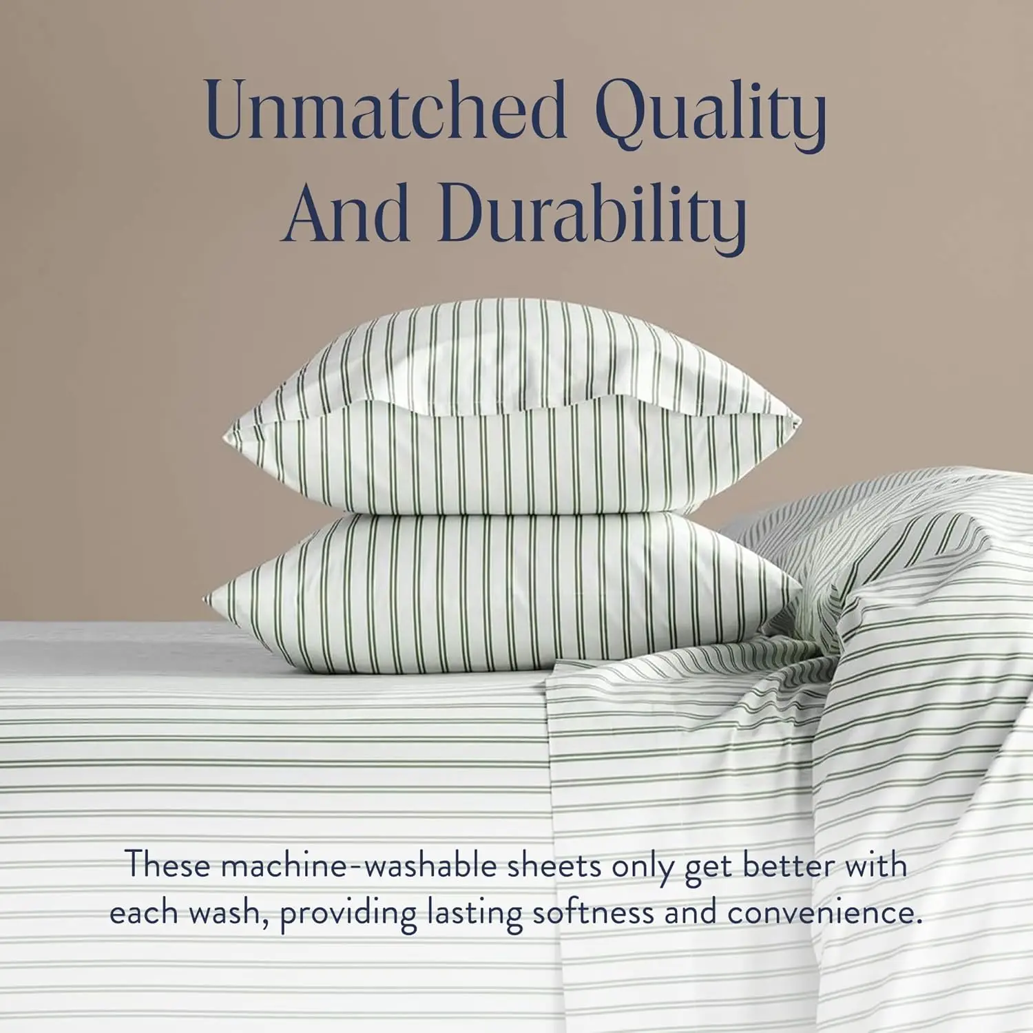 Queen 4-Piece 100% Cotton Sateen Sheet Set - Green Tandem Stripe, Oeko-TEX Certified Luxury Bedding, Includes 1 Fitted Sheet