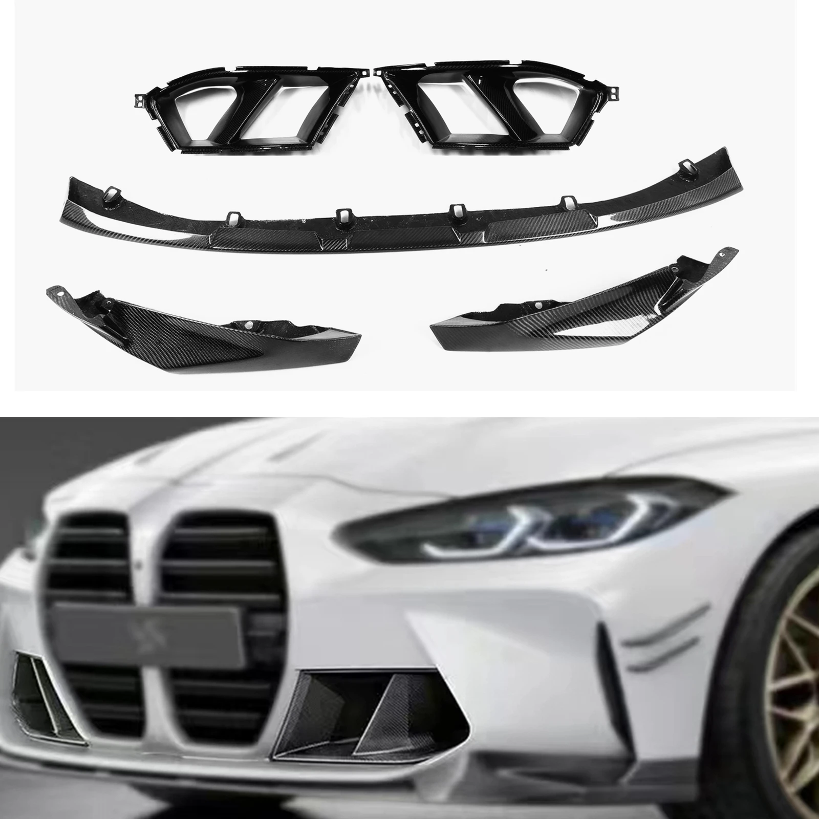 

For BMW G80 M3 G82 G83 M4 2021-2024 Real Carbon Fiber Front Bumper Spoiler Lip+Lower Side Air Vent Hood Outlet Frame Cover Trim