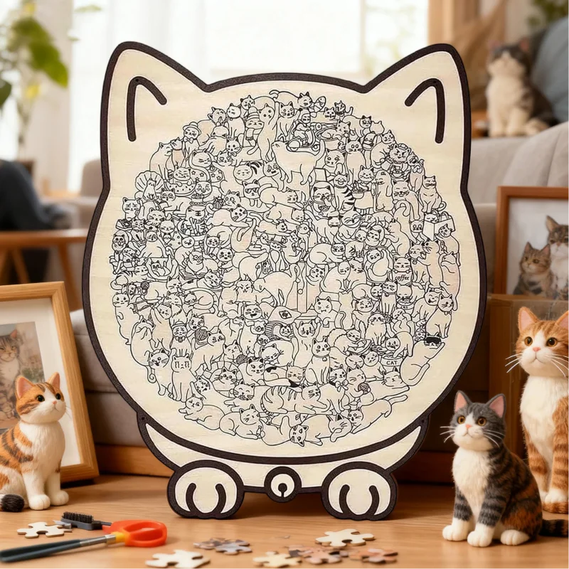 135ピース モランディカラー 猫型パズル 猫シルエットフレーム付き マカロンカラー カット猫ピース 猫パズルオーナメント