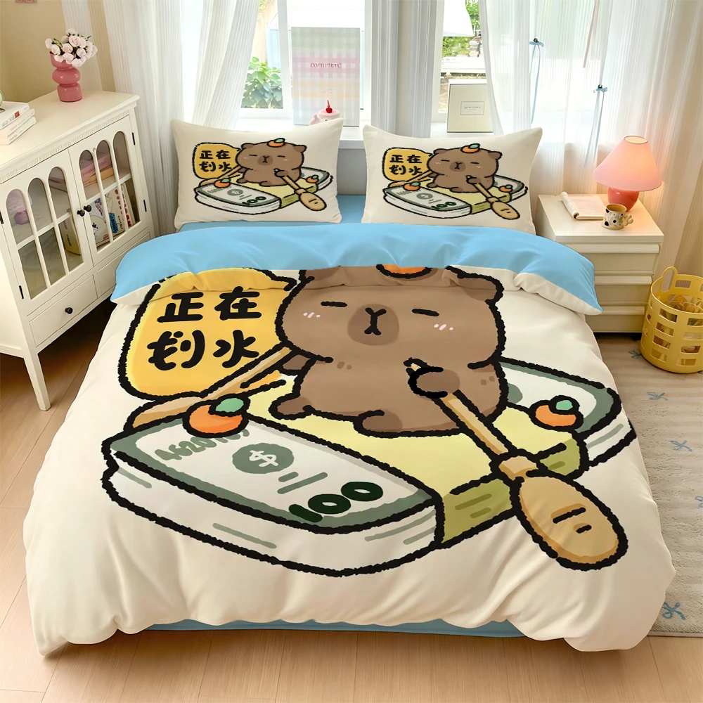 3/4Pc Digital Print Ultra-Soft Home Bedding Set, Cute Cartoon Capybara Pattern Comfortable Breathable Bedding Set, Home Bedding Single Duvet Cover Three-Piece Set Dormitory Bedding, Suitable for All Seasons, Duvet Cover + Pillowcase + Bed Sheet, Does Not Include Pillow Core or Quilt Core
