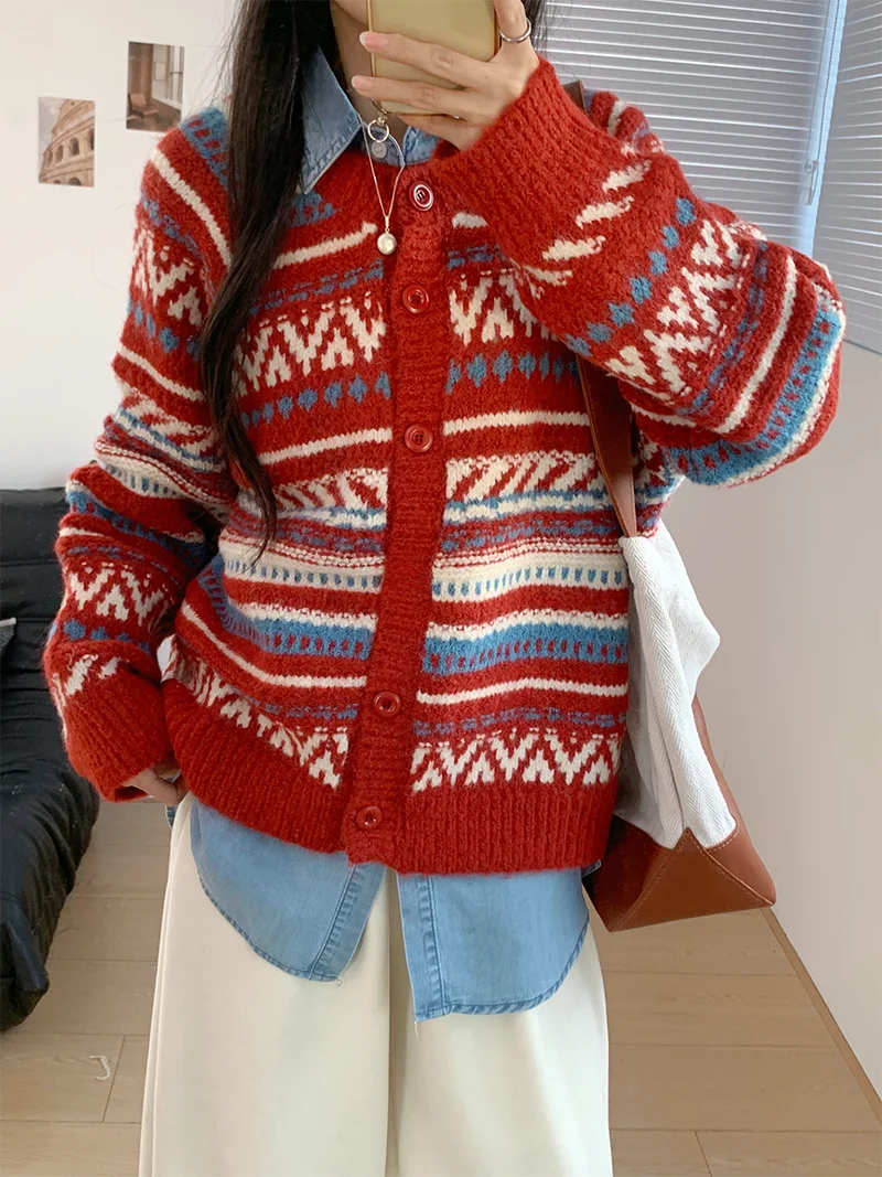 

Женский вязаный кардиган Amy Fair Isle, свободный крой, утепленный, с длинными рукавами, круглым вырезом, на пуговицах