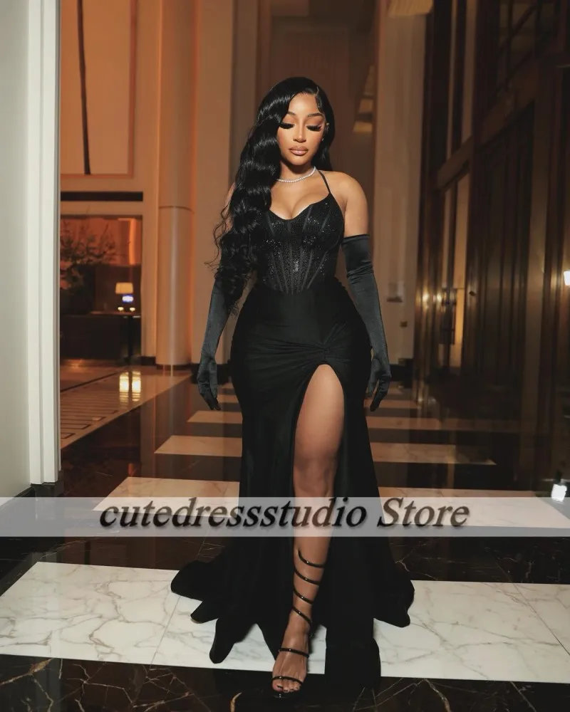 Sexy High Split Evening Dresses For Women Halter African Black Mermiad Wedding Party Dress Special Occasion Gowns Customized