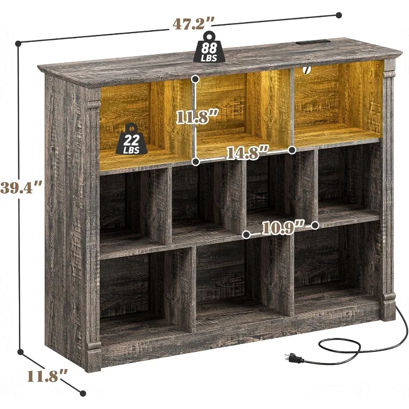LED 조명과 충전 스테이션이 있는 10개의 큐브 수납 정리함, 침실 거실용 나무 큐브 선반 디스플레이 캐비닛