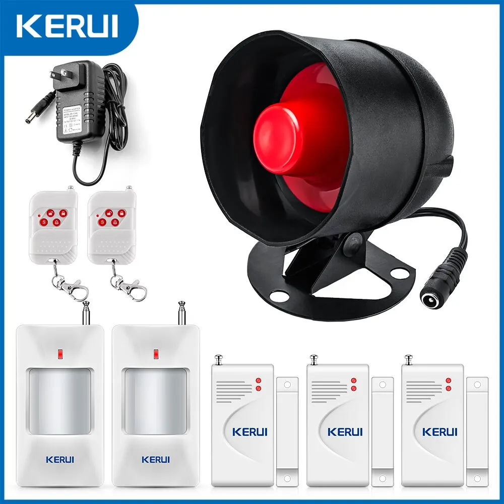 KERUI Security Alarm System Kit 110dB Wireless Loud Indoor/Outdoor Weatherproof Siren Horn with Remote Control and Door Contact