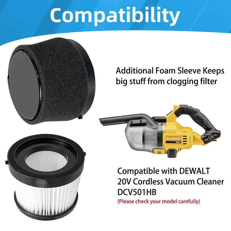 YCOC-DCV5011H فلتر HEPA بديل متوافق مع مكنسة كهربائية لاسلكية DEWALT 20 فولت DCV501HB مع مرشحات الأكمام الرغوية