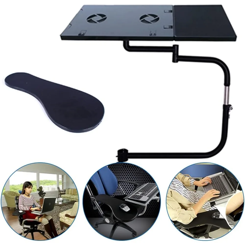 Chair Clamp Keyboard Holder Armrest W/ Mouse Pad, Stainless Steel, ABS Laptop Holder for USB Fan, Laptop Elbow Wrist Support