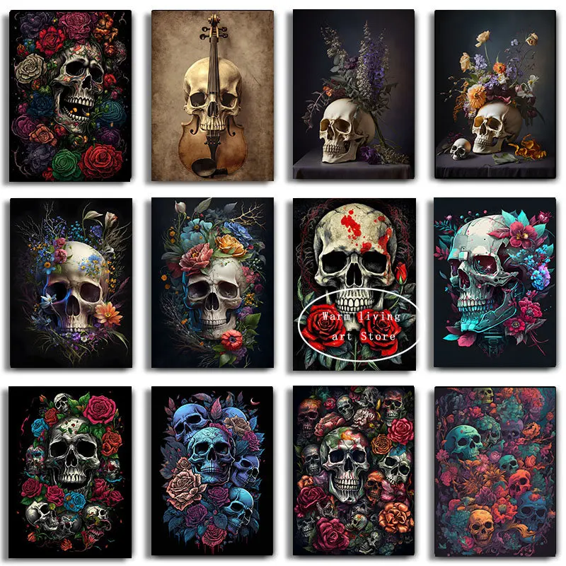 

Абстрактные цветочные скелеты черепа постер и принты для влюбленных Холст Картина череп с розовыми цветами Готическая Настенная картина декор для комнаты и дома