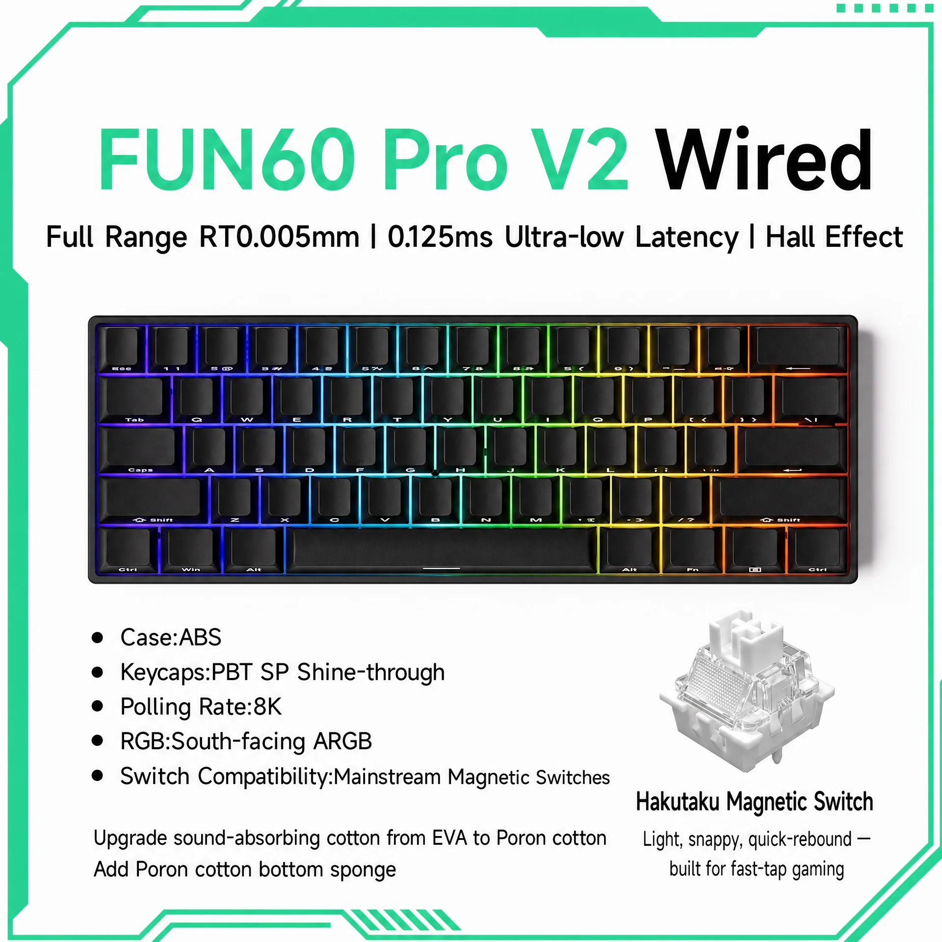 MonsGeek FUN60 PRO V2 HE Toetsenbord Magnetisch 60% Switch RT0.005 mm 8K Polling Rate Type-C Bedraad Aangepast Mechanisch Gaming Toetsenbord