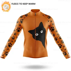 Cartoon Cat Winter Cycling Jersey Men Thermal Fleece Long Sleeve Race Sweatshirt MTB Cycling Clothing Ropa Ciclismo Bike Jacket