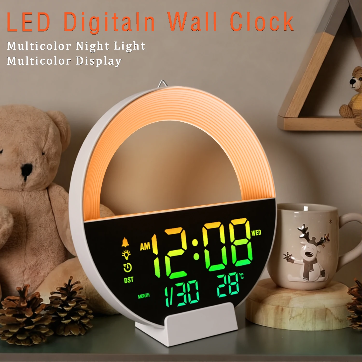 12 Color LED Night Lamp with Clock Remote Control Dimmer RGB Color Changing Lamp Temperature for Living Room Bedroom Office