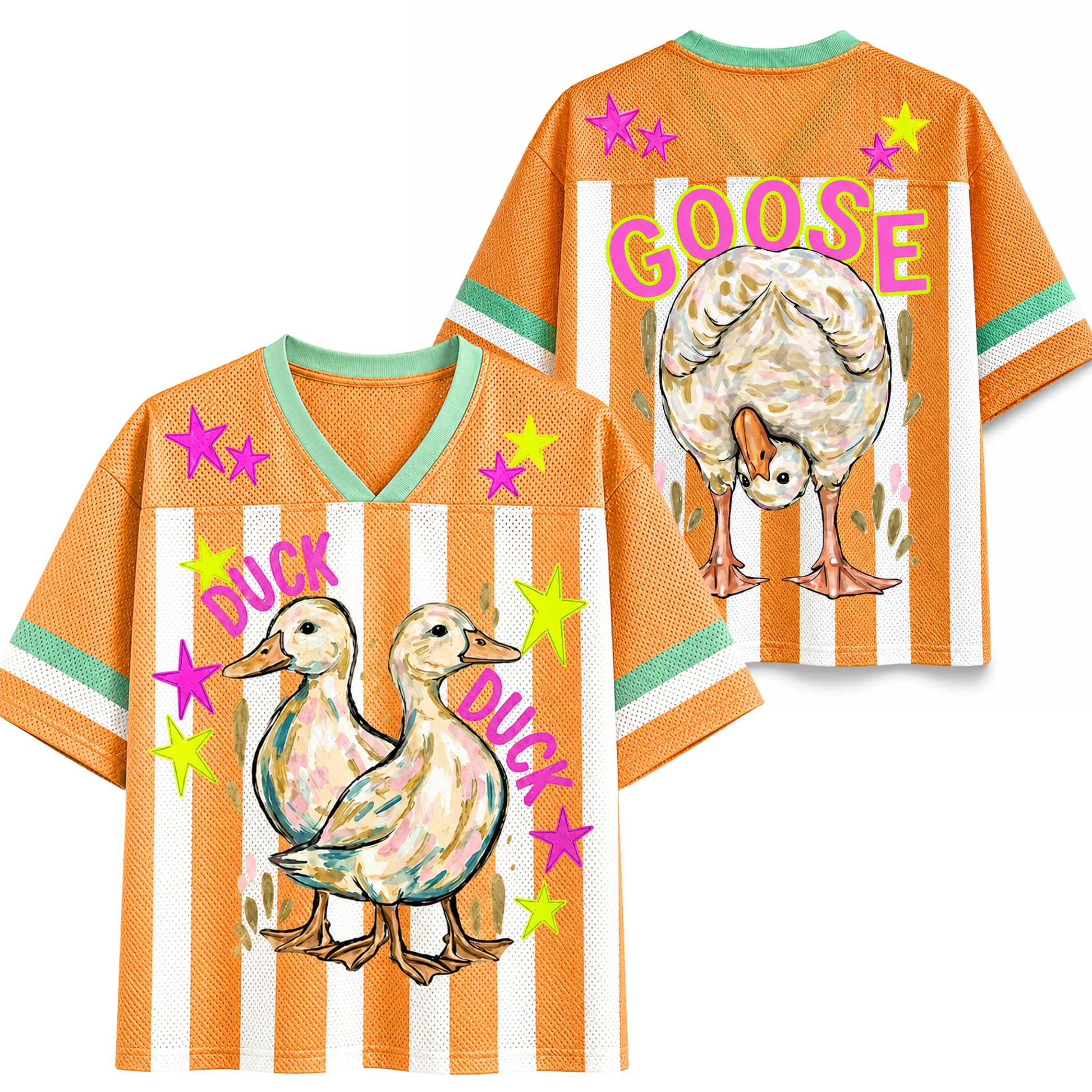 Funny Duck Goose Star Letter Print Striped V Neck Football Jersey Green Cuff Short Sleeve Retro Casual Streetwear Sports Top