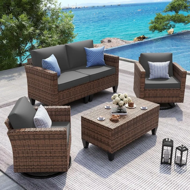 

Patio Furniture Set, 5 Pieces Outdoor Furniture Sets with Rocking Swivel Chairs, Wicker Rattan Outdoor Conversation Set