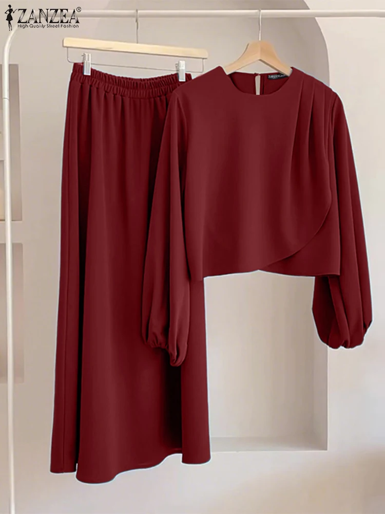 

ZANZEA Spring Dress Sets Women Long Sleeve Blouse Long Skirts 2025 Solid Elastic Waist Outfits Casual Asymmetrical Matching Sets