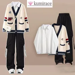 Spring and Autumn Set Female Student Korean Edition Loose Campus Style Knitted Coat+Shirt+Work Pants 3-Piece Set Trendy