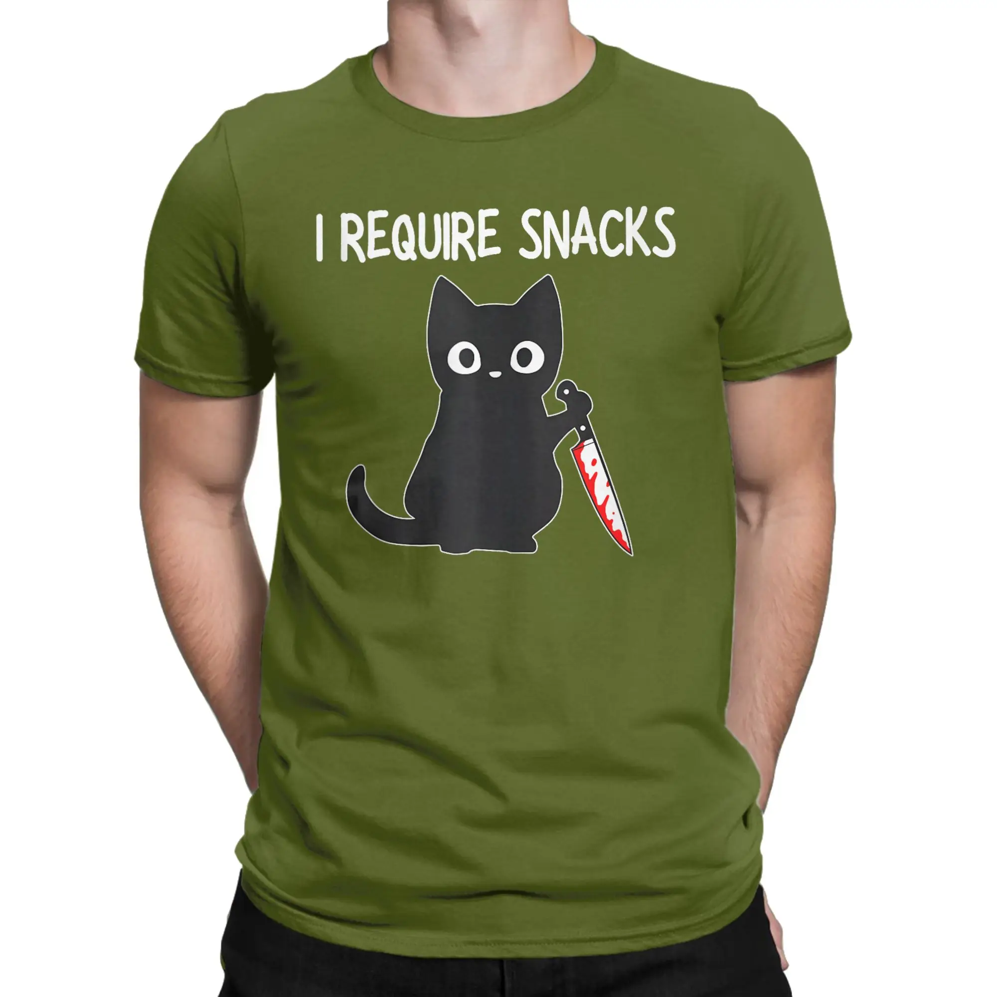 I Require Snacks Black Cat Cute Black Cat with Knife Cotton T Shirt For Man Beach Vintage T-Shirts Comfortable Fashion Tees