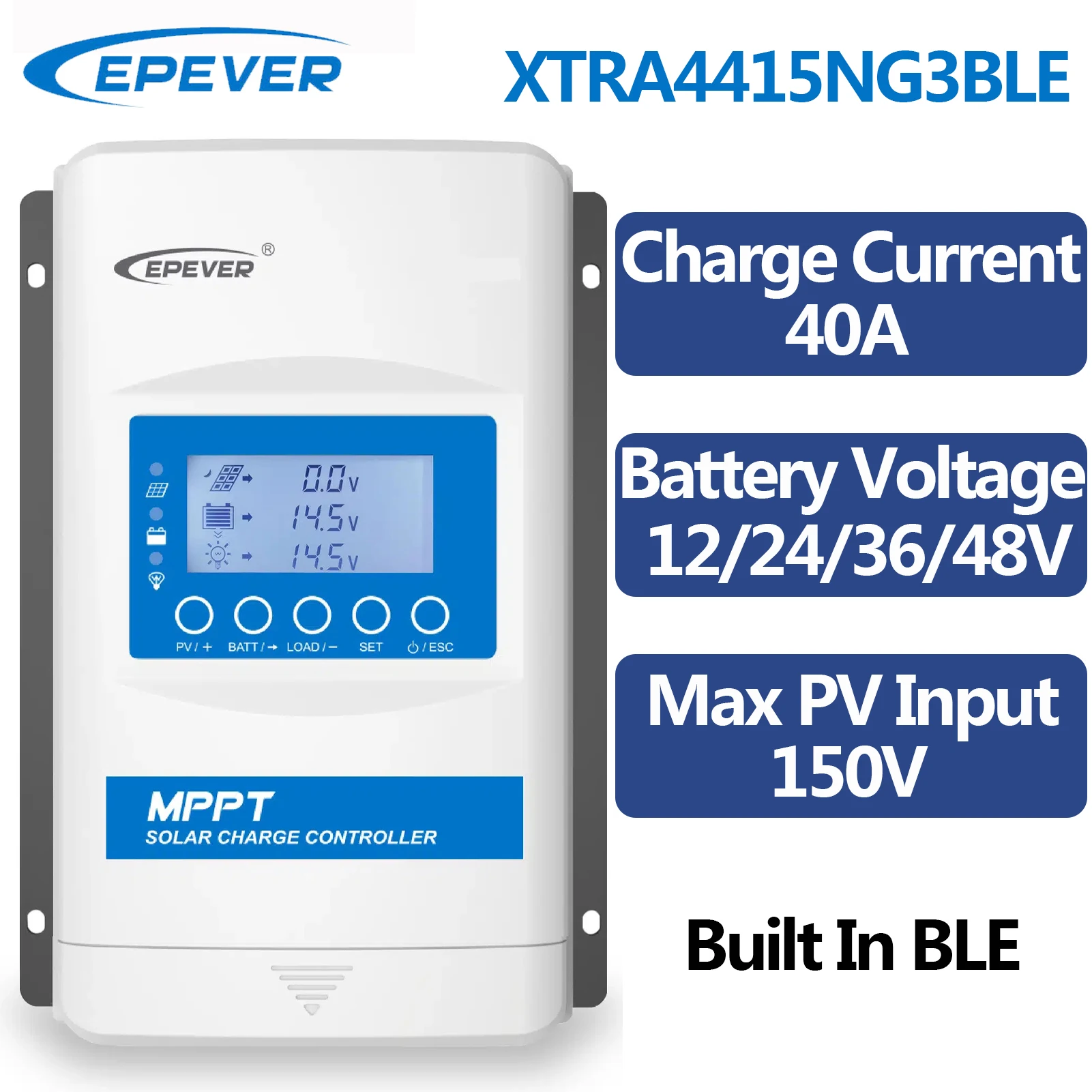 EPEVER 40A MPPT Solar Charge Controller Auto Identify 12V/24/36/48V Battery Voltage Max PV Input 150V Built In BLE