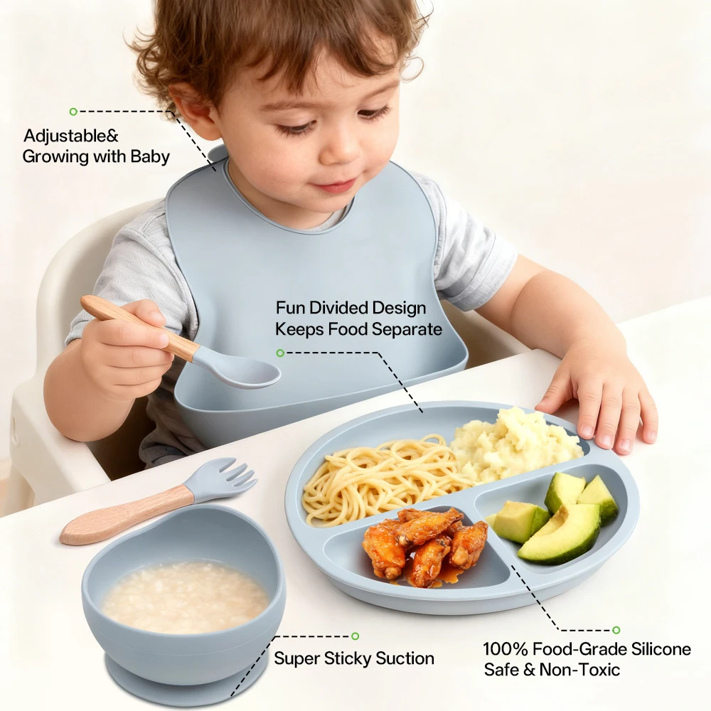 

5PCS Children's silicone feeding kit, capturing food residues. Soft and easy to clean, 100% food grade safety, dishwasher safe