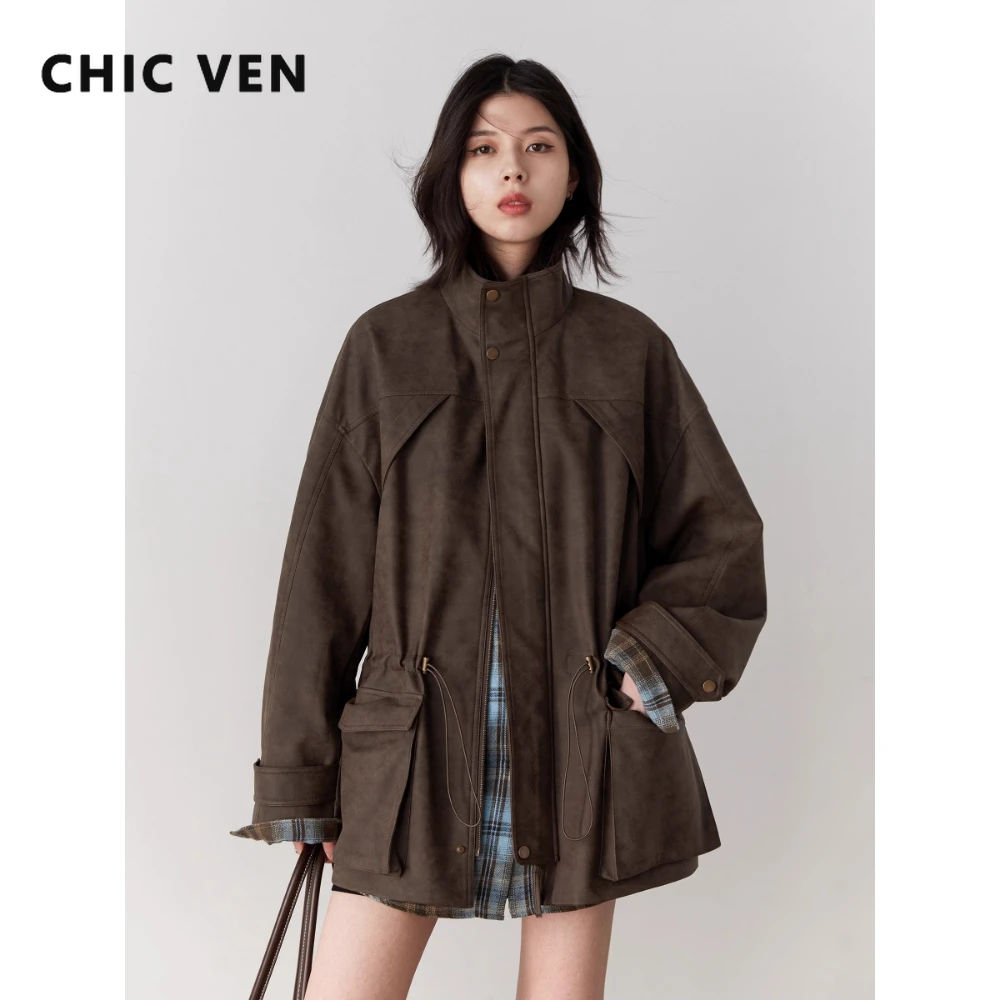 CHIC VEN New Women Suede Jackets Loose Retro Stand Up Collar Mid-length Ladies Casual Coat Female Overcoat Autumn Winter 2025