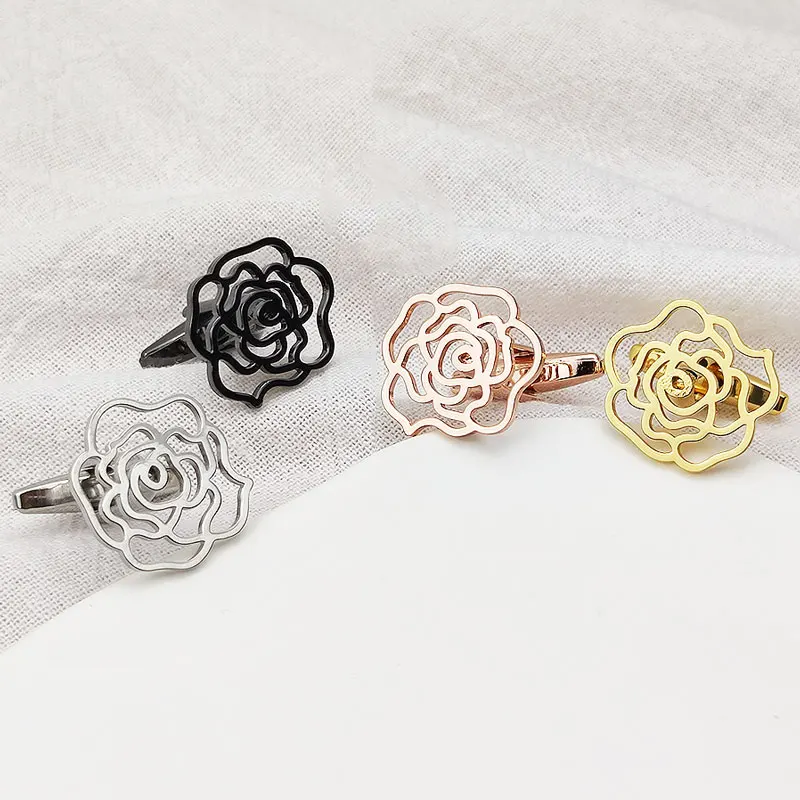 Stainless Steel  4Colors Rose Flower Cufflinks for Women New Personalise Hollow Design French Shirt Cuffs Mens Suit Accessories