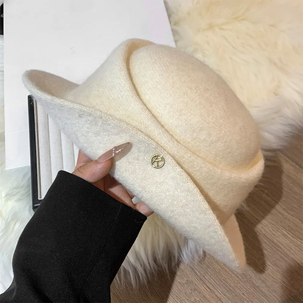 

French British Style Hepburn Style Flat-top Cap Elegant Woolen Black Felt Hat Wide Brim White Women Jazz Hat Wedding